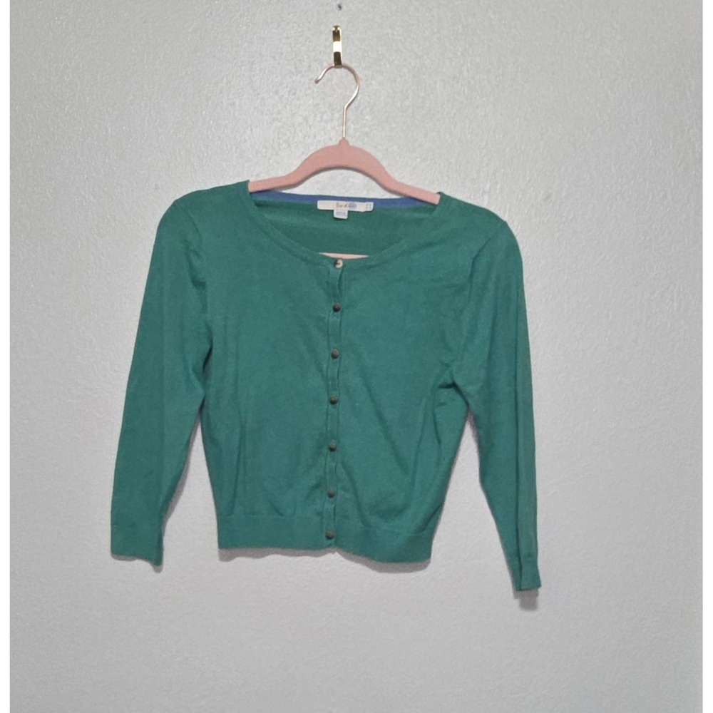 Boden Women 6 Green Cotton Blend Cropped Cardigan Sweater 3/4 Sleeve Preppy